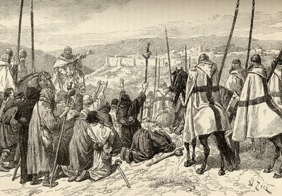 Pilger unter dem Schutz der Tempelritter vor Jerusalem im 12. Jahrhundert von English School